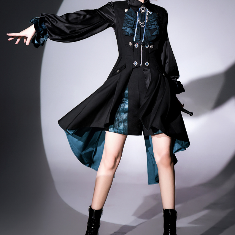 Robe Gothique Noir Émeraude Manteau-Robe Asymétrique avec Détails de Volants
