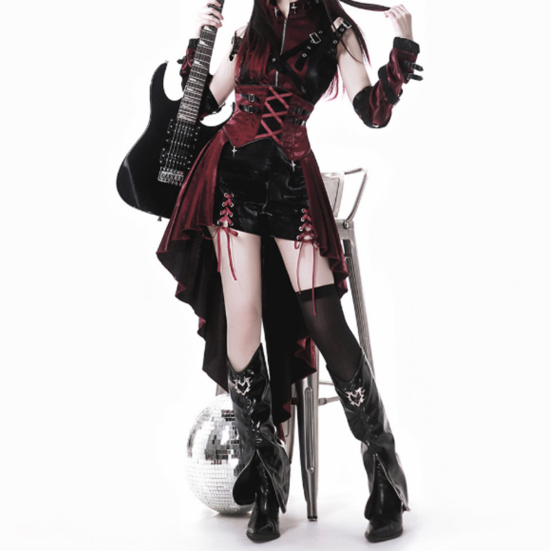 Ensemble Gothique Rouge Obsidienne Robe Corsetée Bordeau Noir Style Cyber Goth Alternatif