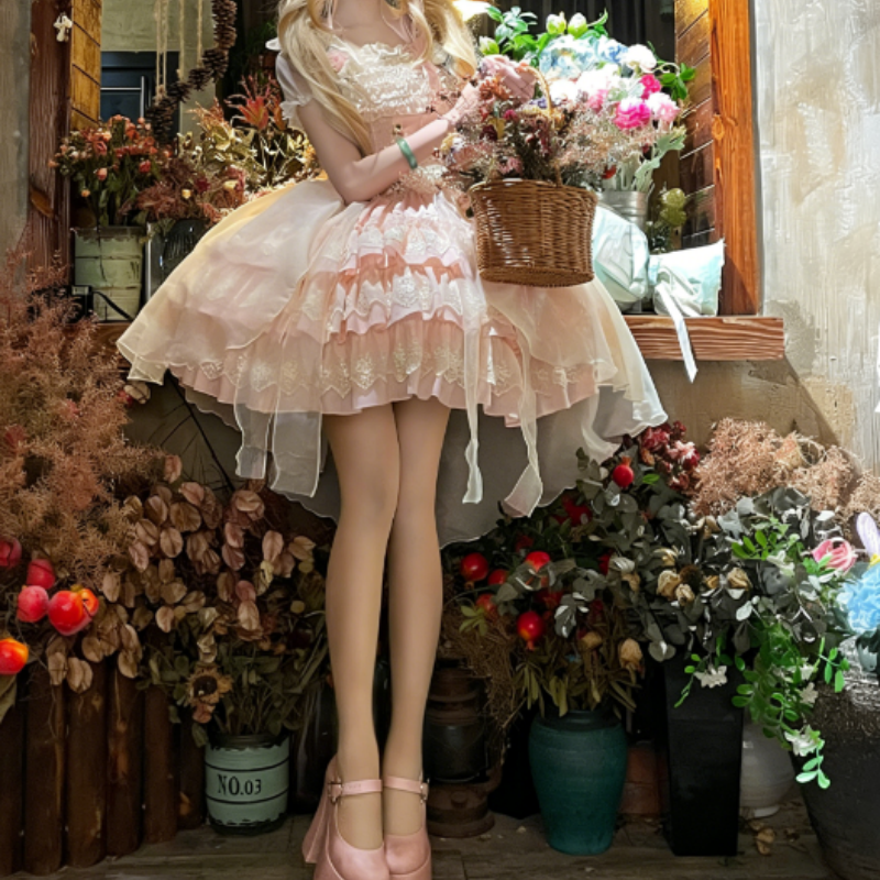 Robe Lolita courte balletcore, manches courtes avec volants, style sweet frais