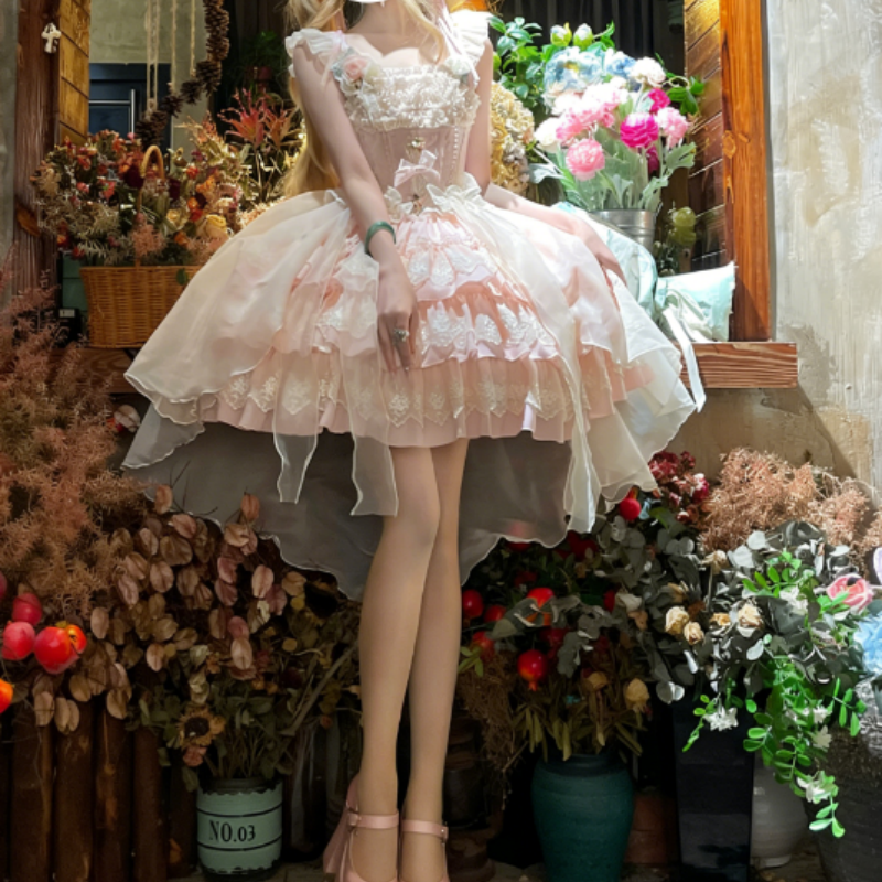Robe Lolita courte balletcore, manches courtes avec volants, style sweet frais
