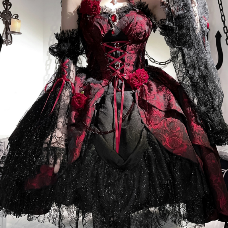 Robe Gothique Lolita Démoniaque Élégance Bordeau Noir, Dentelle Volants Style Alternatif Unique