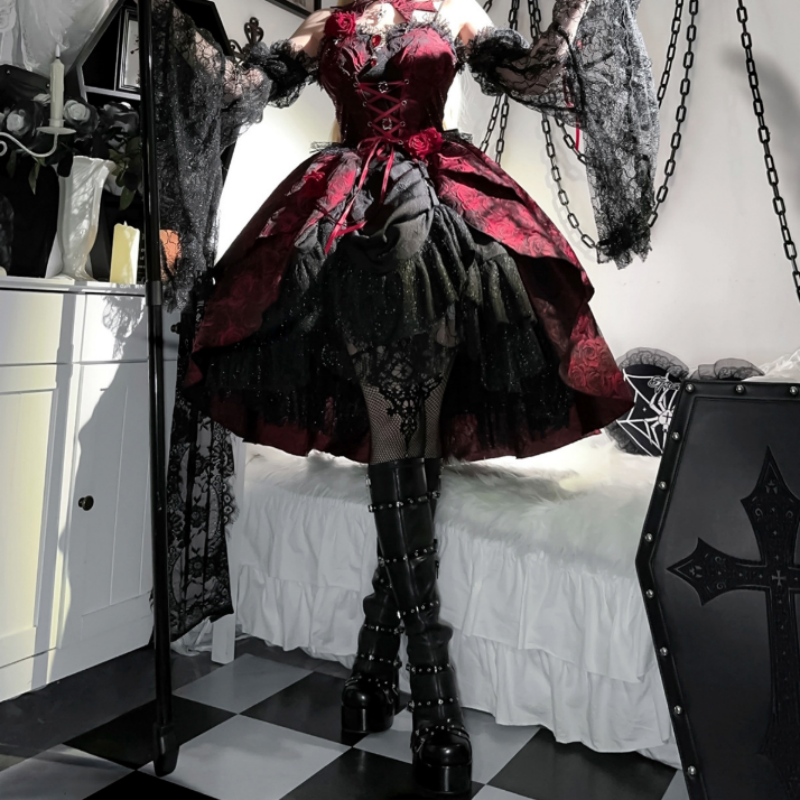 Robe Gothique Lolita Démoniaque Élégance Bordeau Noir, Dentelle Volants Style Alternatif Unique