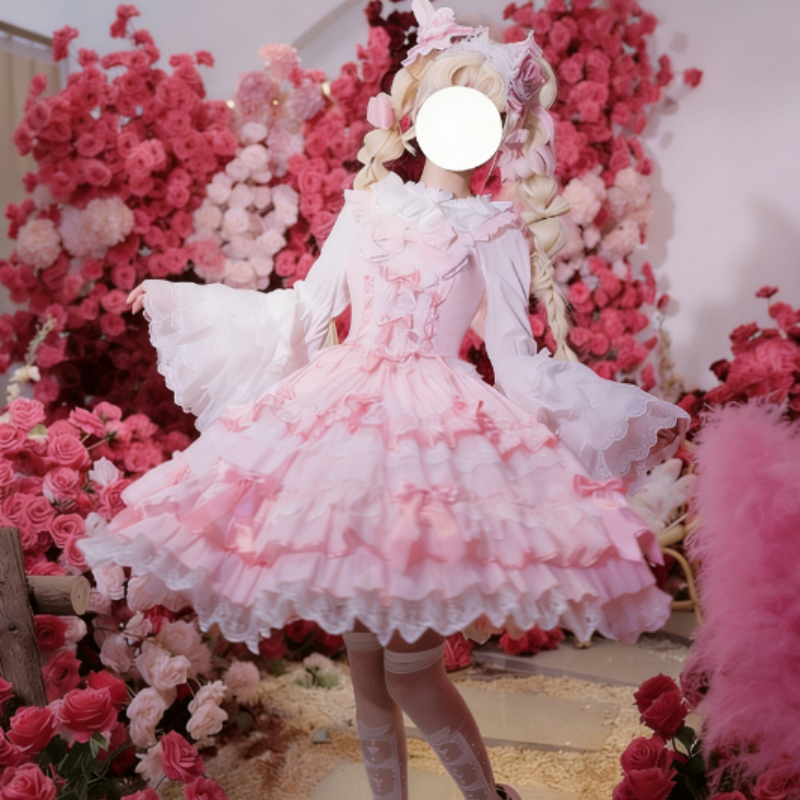 Robe Lolita aux nœuds papillons et dentelles douces disponible en rose vert et bleu