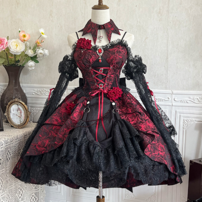 Robe Gothique Lolita Démoniaque Élégance Bordeau Noir, Dentelle Volants Style Alternatif Unique