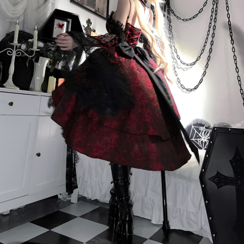 Robe Gothique Lolita Démoniaque Élégance Bordeau Noir, Dentelle Volants Style Alternatif Unique