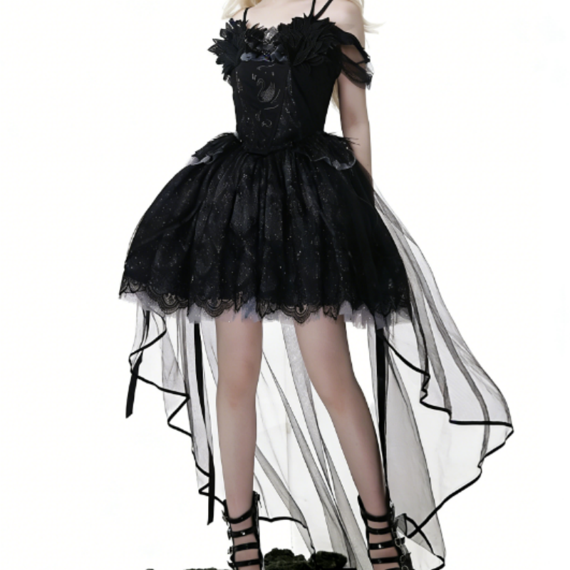 Robe Lolita Gothique Taille Haute avec Traîne Tulle Tenue Lolita Noire pour Événements