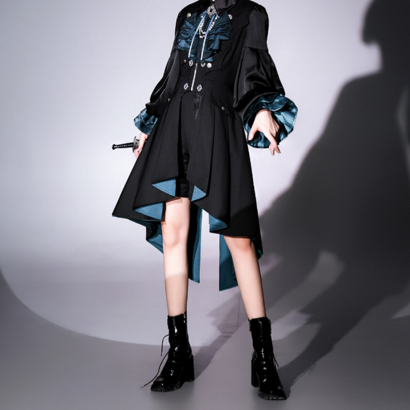 Robe Gothique Noir Émeraude Manteau-Robe Asymétrique avec Détails de Volants