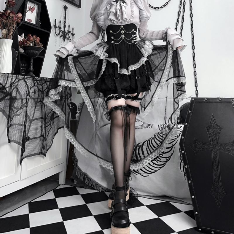Ensemble Gothique Lolita Noir Élégie Robe à Volants Corset Style Sombre Raffiné
