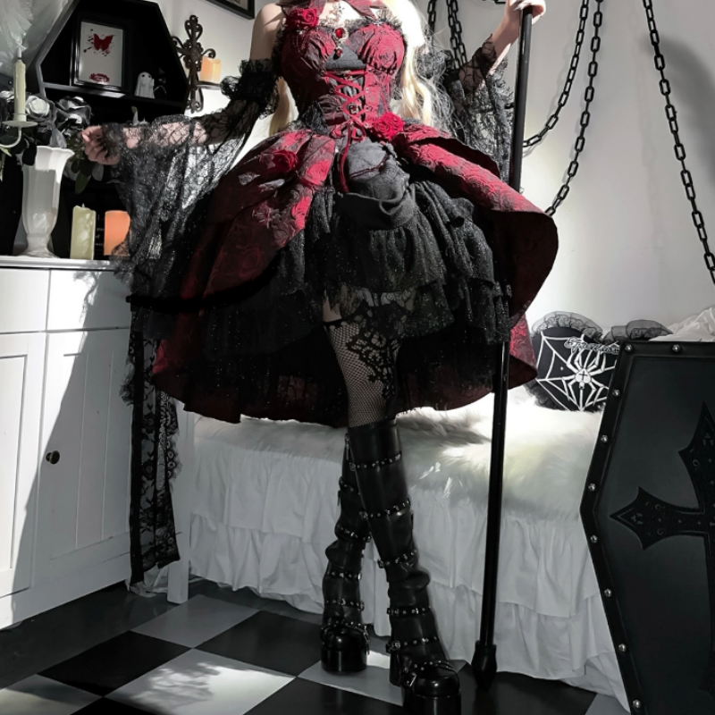 Robe Gothique Lolita Démoniaque Élégance Bordeau Noir, Dentelle Volants Style Alternatif Unique