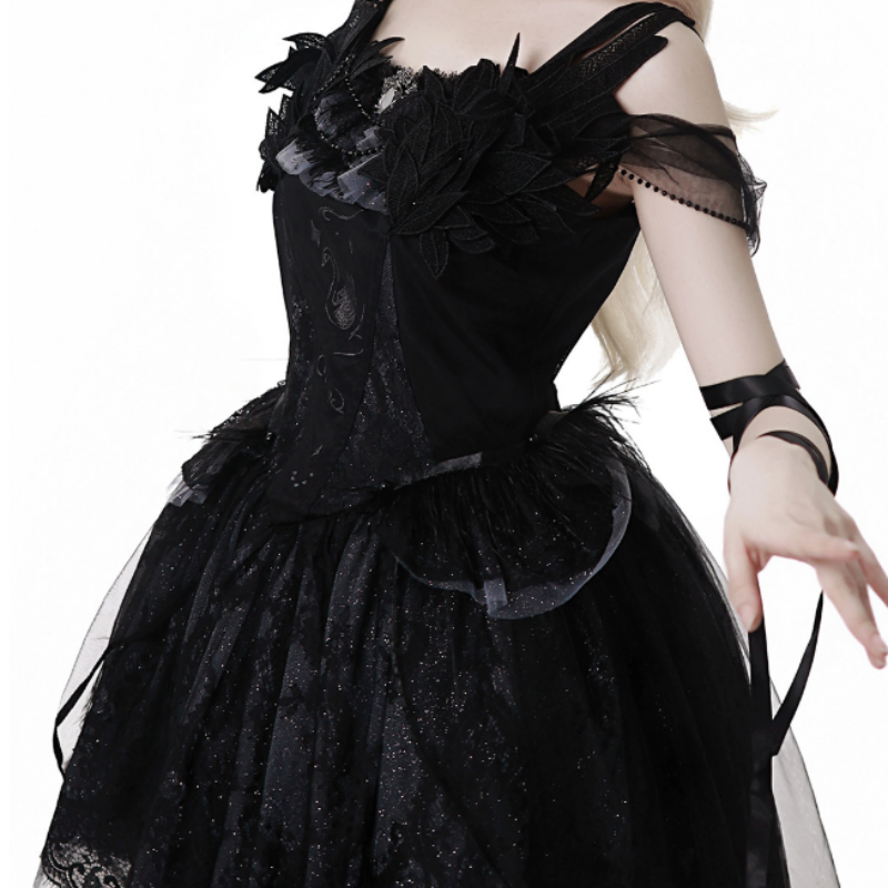 Robe Lolita Gothique Taille Haute avec Traîne Tulle Tenue Lolita Noire pour Événements