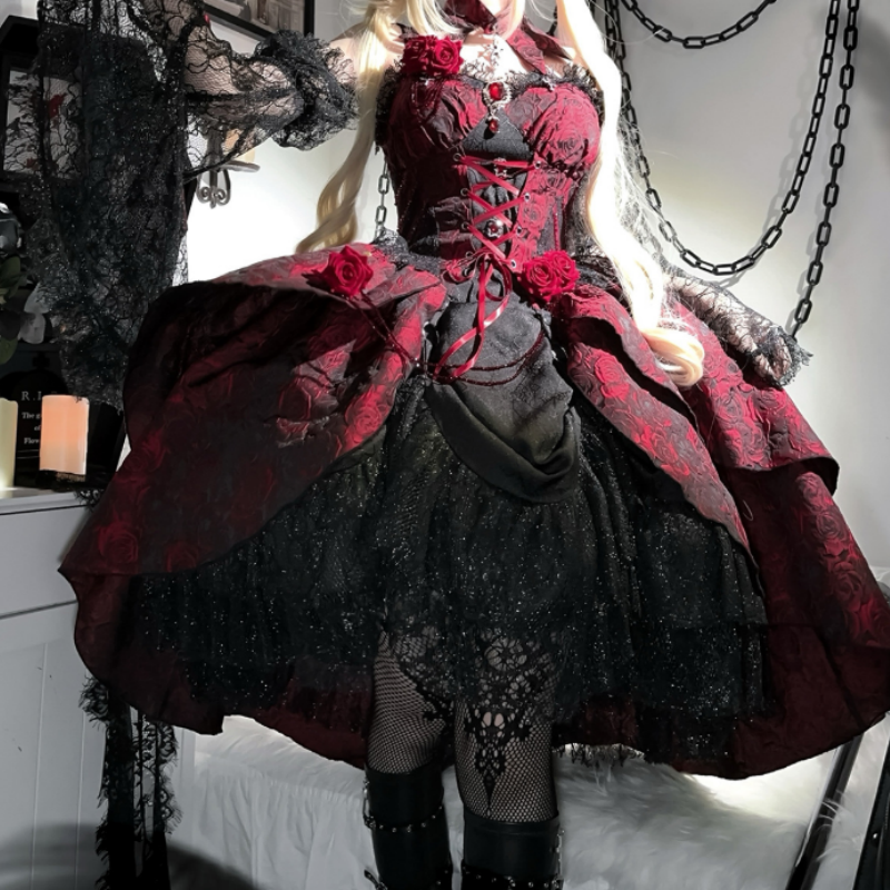 Robe Gothique Lolita Démoniaque Élégance Bordeau Noir, Dentelle Volants Style Alternatif Unique