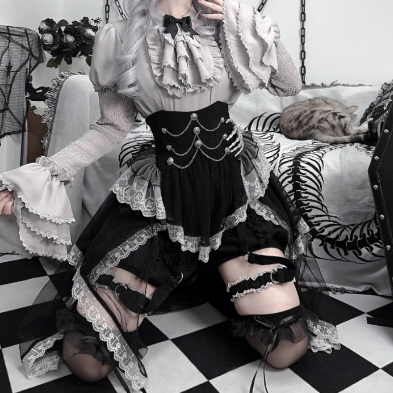Ensemble Gothique Lolita Noir Élégie Robe à Volants Corset Style Sombre Raffiné