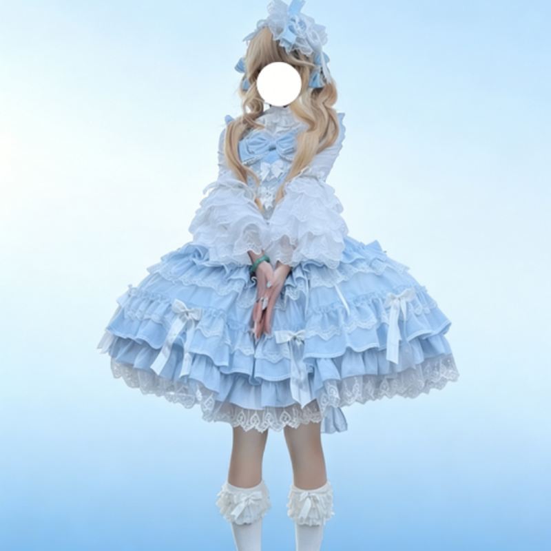 Robe Lolita aux nœuds papillons et dentelles douces disponible en rose vert et bleu