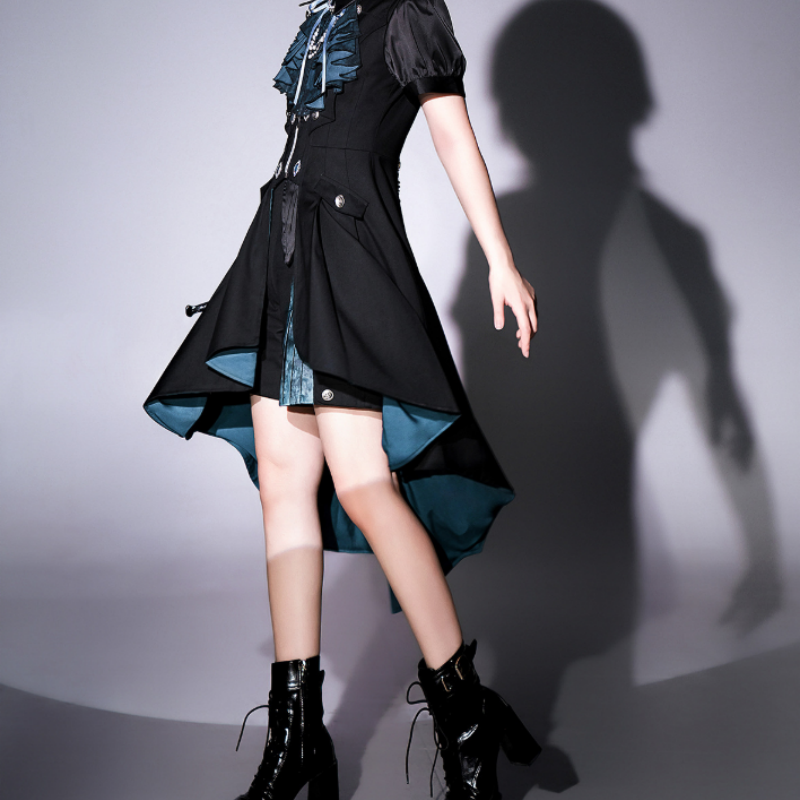 Robe Gothique Noir Émeraude Manteau-Robe Asymétrique avec Détails de Volants