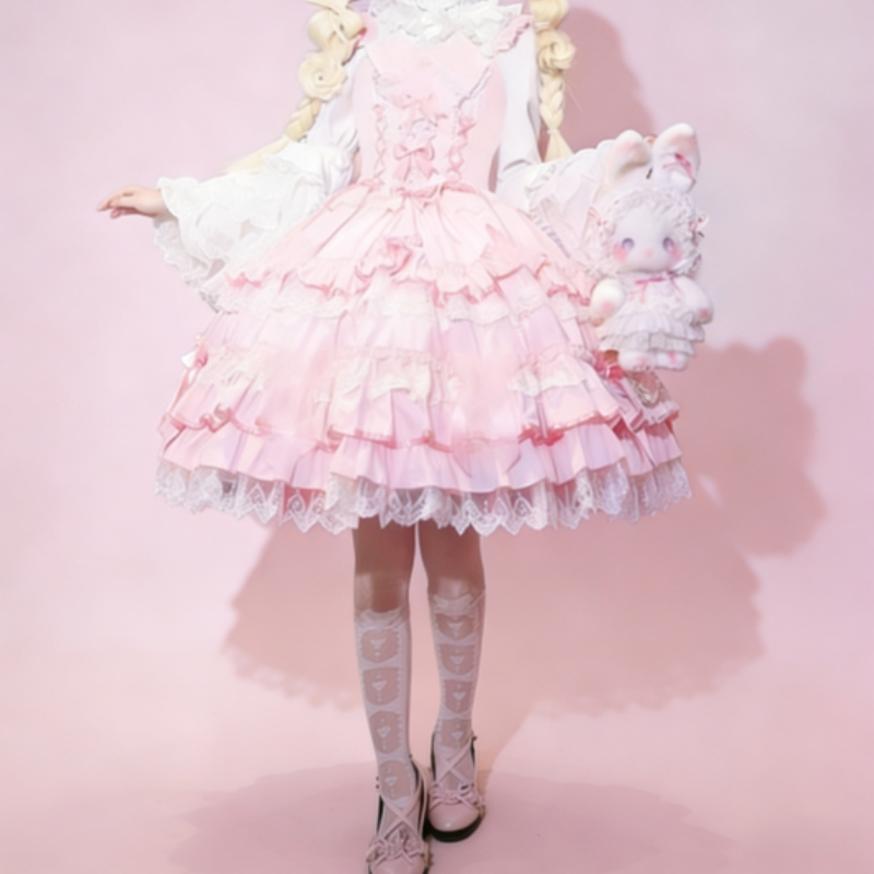 Robe Lolita aux nœuds papillons et dentelles douces disponible en rose vert et bleu
