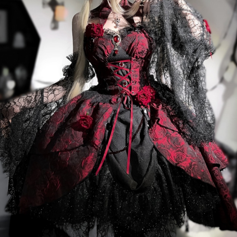 Robe Gothique Lolita Démoniaque Élégance Bordeau Noir, Dentelle Volants Style Alternatif Unique