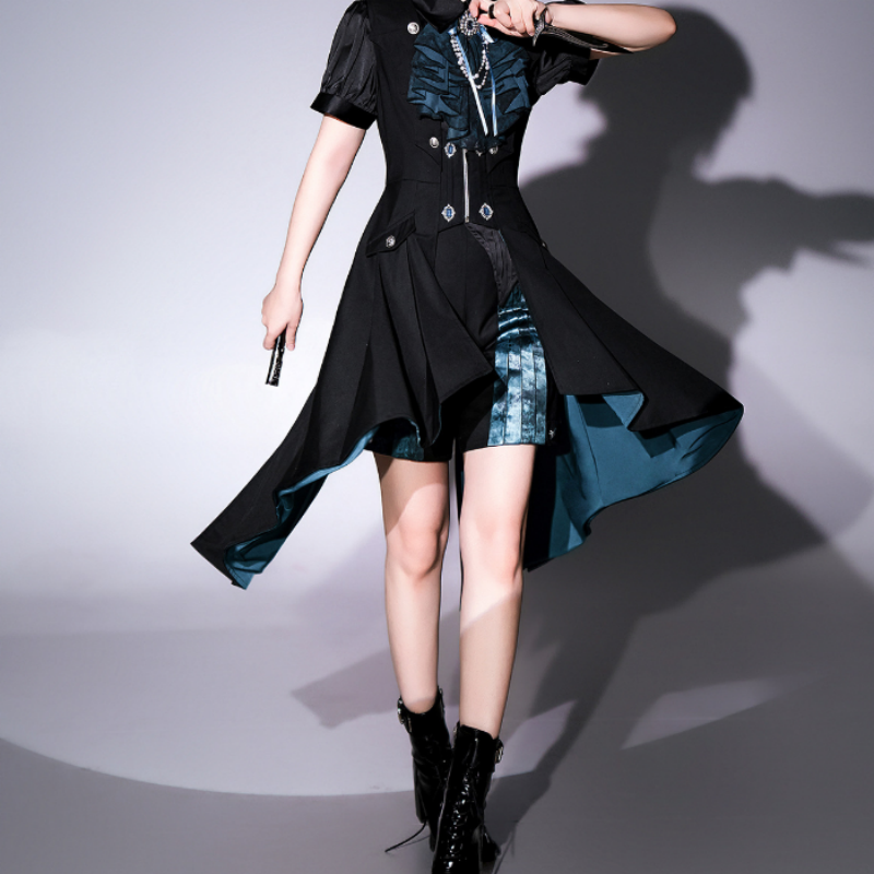 Robe Gothique Noir Émeraude Manteau-Robe Asymétrique avec Détails de Volants