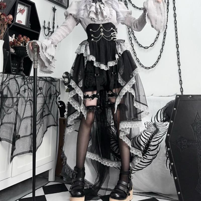 Ensemble Gothique Lolita Noir Élégie Robe à Volants Corset Style Sombre Raffiné