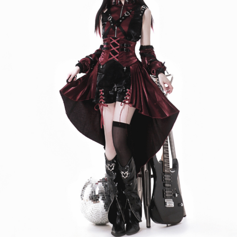 Ensemble Gothique Rouge Obsidienne Robe Corsetée Bordeau Noir Style Cyber Goth Alternatif