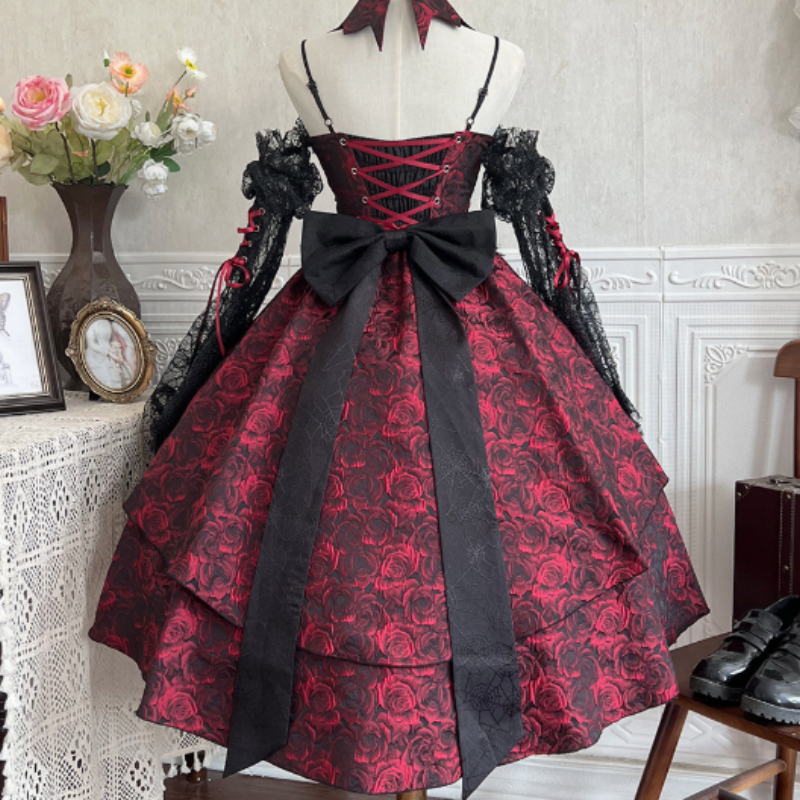Robe Gothique Lolita Démoniaque Élégance Bordeau Noir, Dentelle Volants Style Alternatif Unique