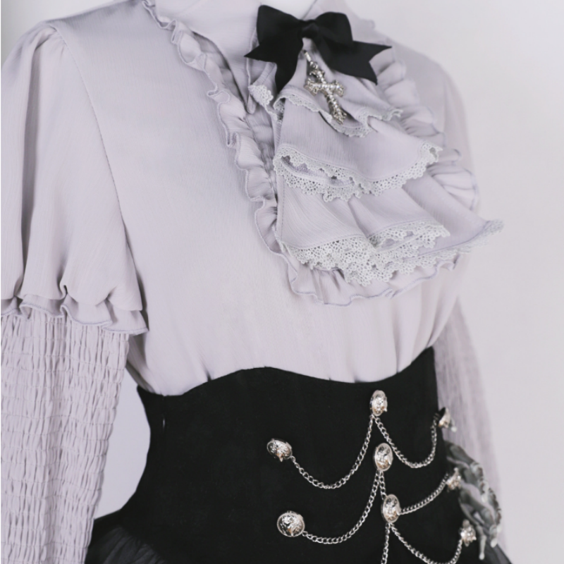 Ensemble Gothique Lolita Noir Élégie Robe à Volants Corset Style Sombre Raffiné