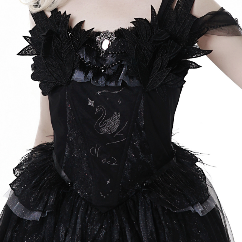 Robe Lolita Gothique Taille Haute avec Traîne Tulle Tenue Lolita Noire pour Événements