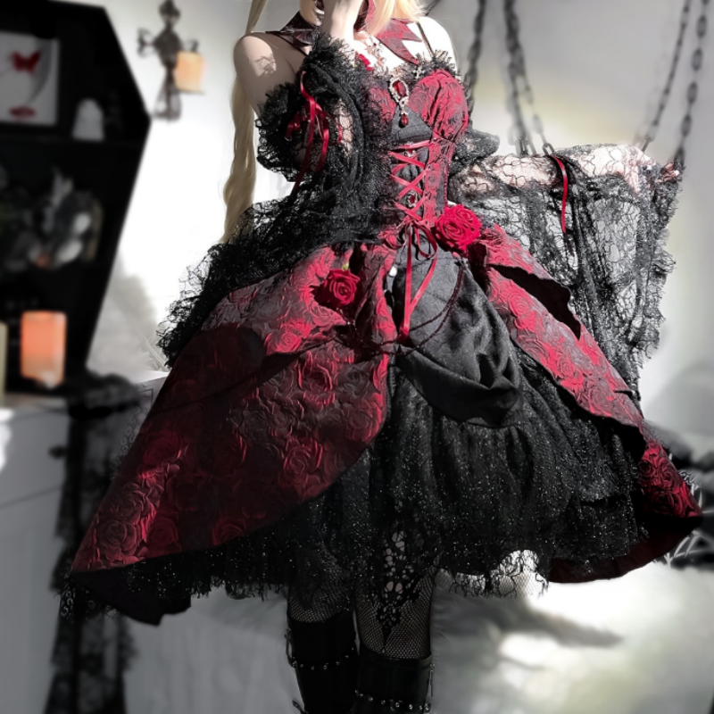 Robe Gothique Lolita Démoniaque Élégance Bordeau Noir, Dentelle Volants Style Alternatif Unique