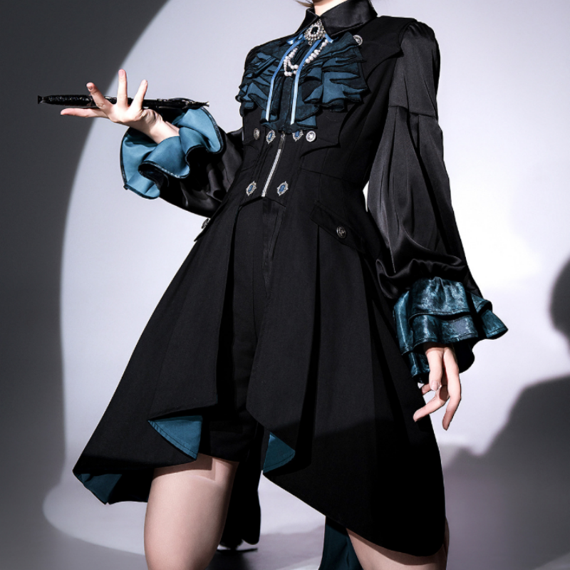 Robe Gothique Noir Émeraude Manteau-Robe Asymétrique avec Détails de Volants