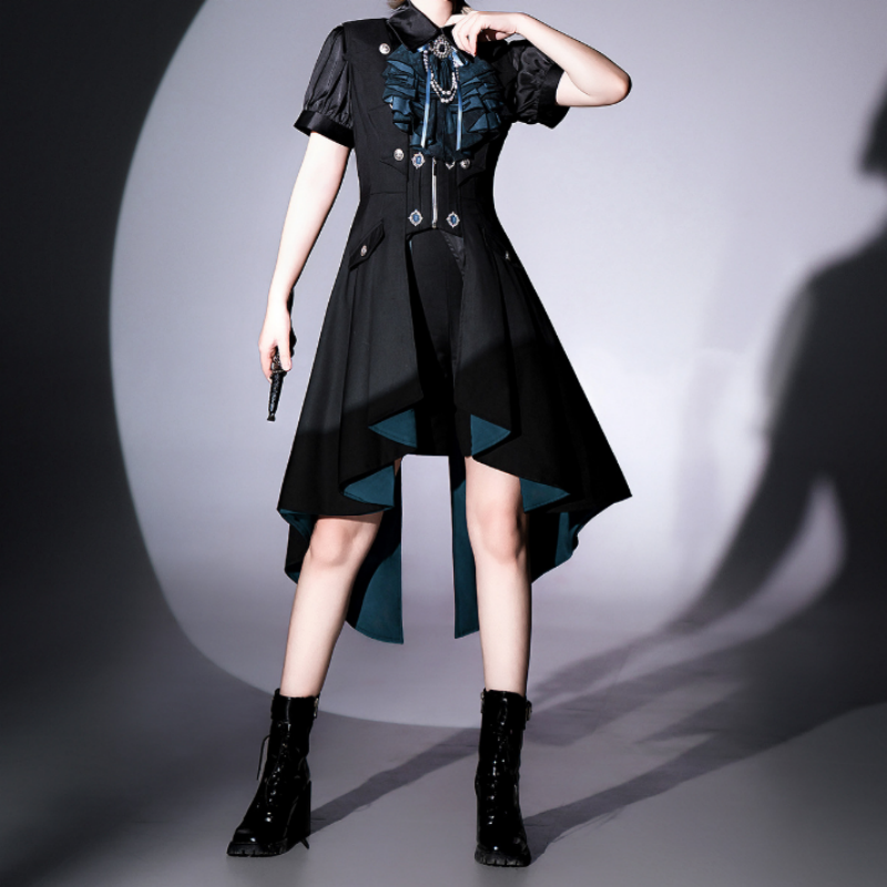 Robe Gothique Noir Émeraude Manteau-Robe Asymétrique avec Détails de Volants