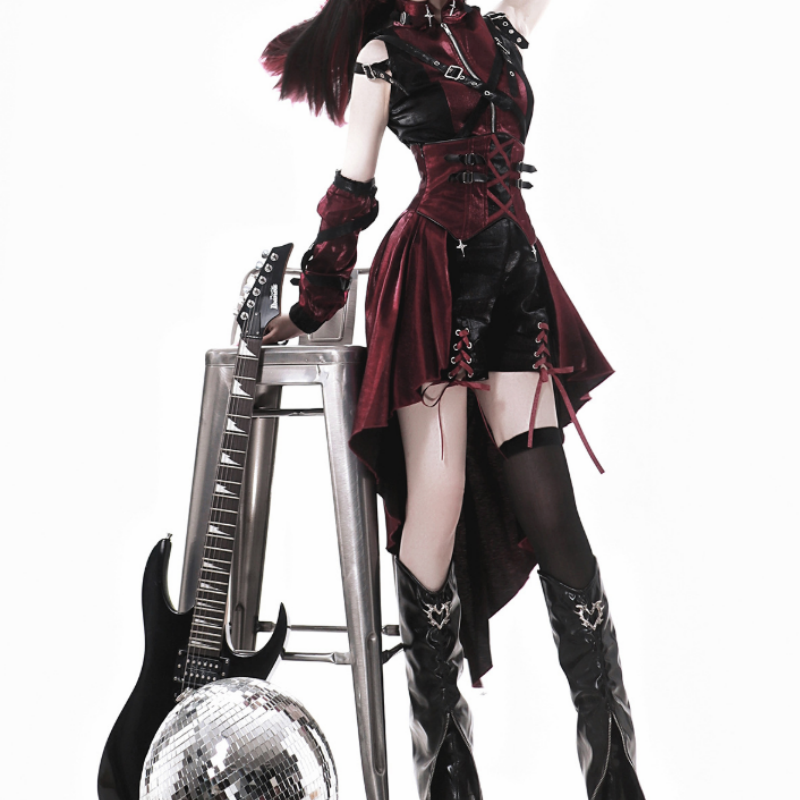 Ensemble Gothique Rouge Obsidienne Robe Corsetée Bordeau Noir Style Cyber Goth Alternatif