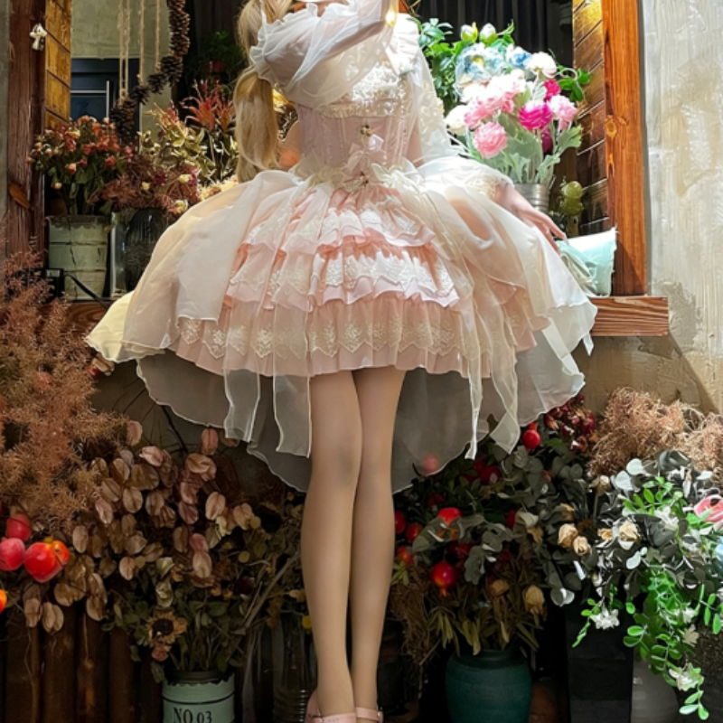 Robe Lolita courte balletcore, manches courtes avec volants, style sweet frais