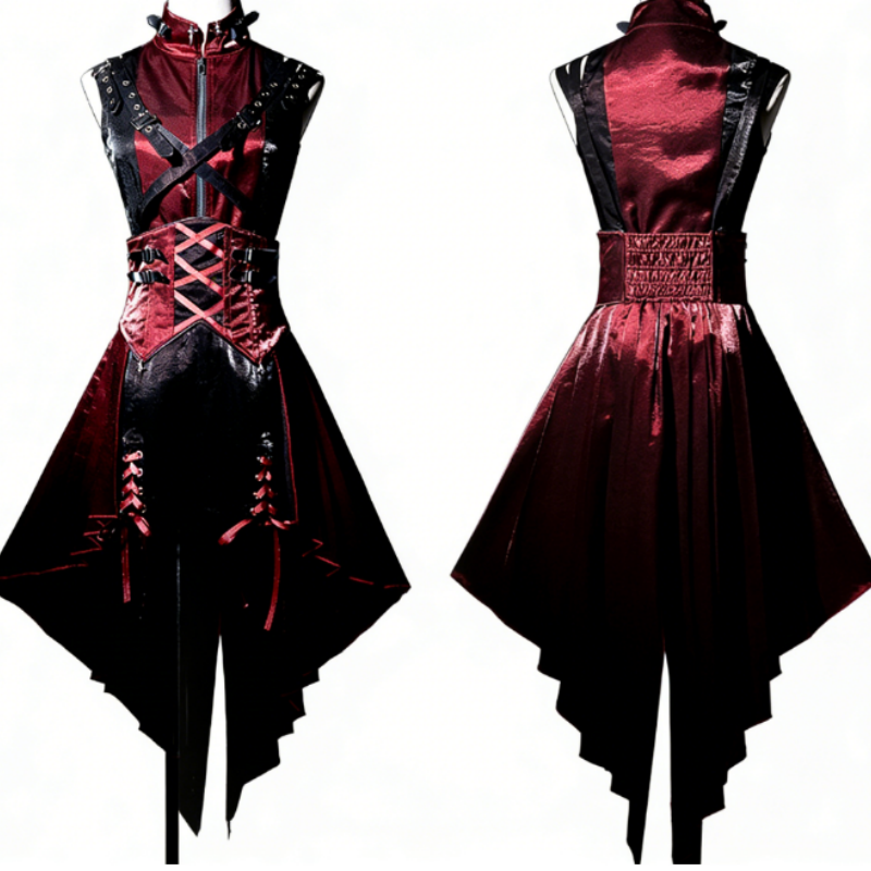 Ensemble Gothique Rouge Obsidienne Robe Corsetée Bordeau Noir Style Cyber Goth Alternatif