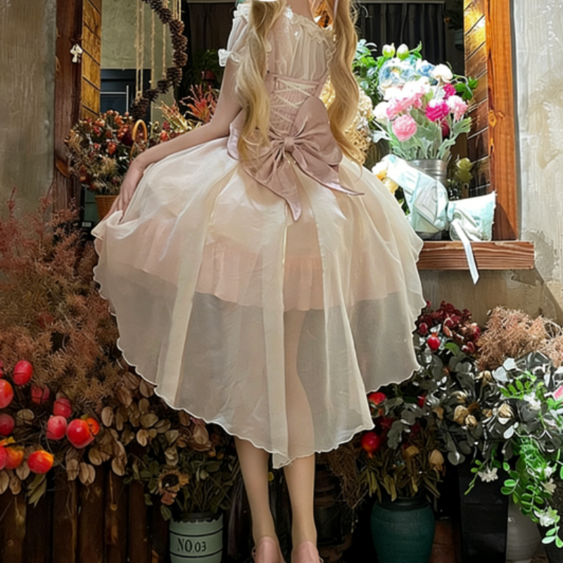 Robe Lolita courte balletcore, manches courtes avec volants, style sweet frais