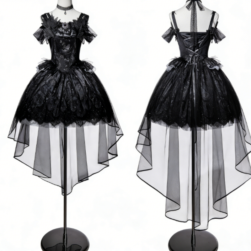 Robe Lolita Gothique Taille Haute avec Traîne Tulle Tenue Lolita Noire pour Événements