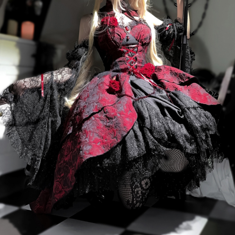 Robe Gothique Lolita Démoniaque Élégance Bordeau Noir, Dentelle Volants Style Alternatif Unique